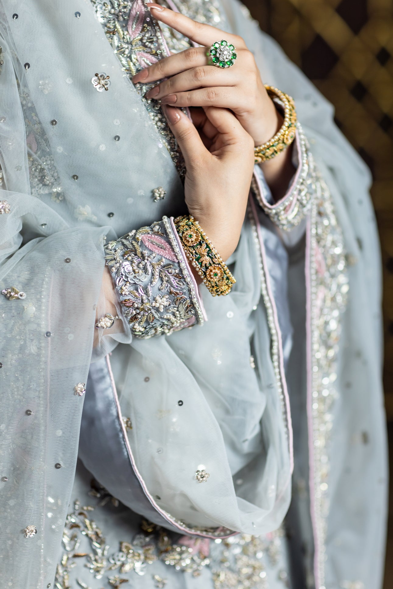 Zohra sky blue and pink organza bridal dress with dupatta & lehenga – Nikah & Walima bridal wear by MariamRaj.com.