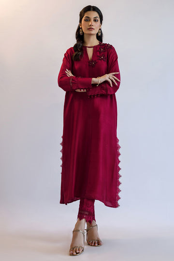 Berry maroon raw silk Pakistani party dress with 3D floral embroidery, katdana beadwork, scalloped lace finishing – custom stitched for weddings and formal events.