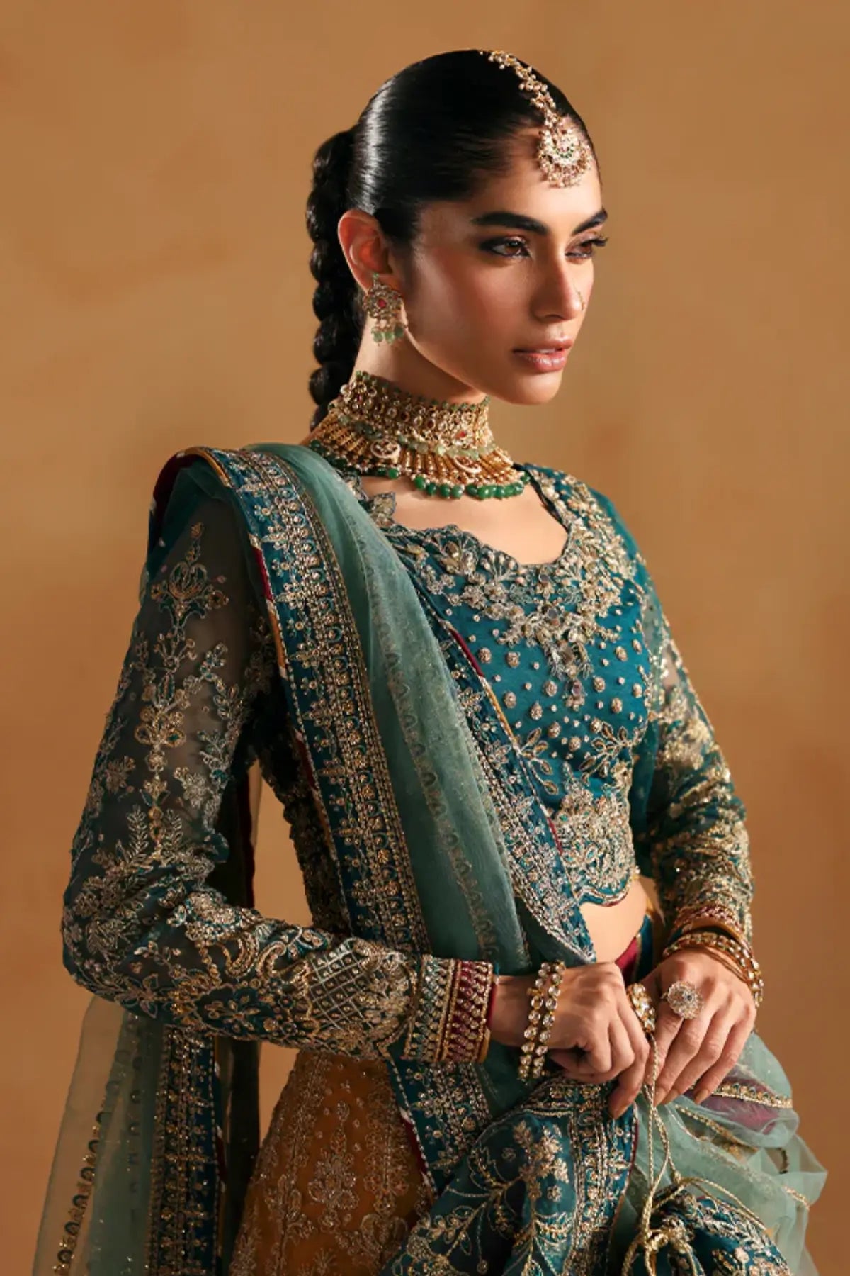 Zoia by Gulaal mustard formal lehenga choli with turquoise choli and sea green dupatta stitched and available online at Pakistanimoda.