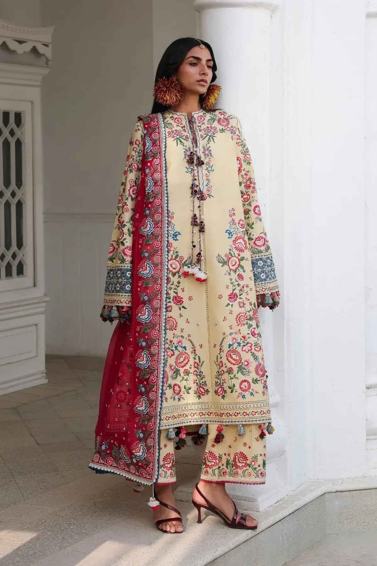 Butter yellow Zubdah by Hussain Rehar stitched lawn 3PC with floral embroidery and chiffon dupatta