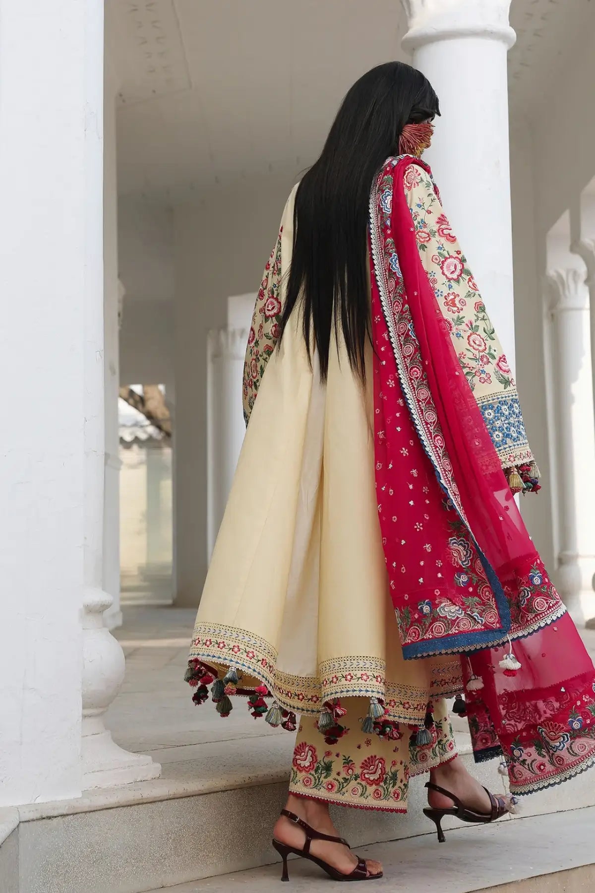 Butter yellow Zubdah by Hussain Rehar stitched lawn 3PC with floral embroidery and chiffon dupatta