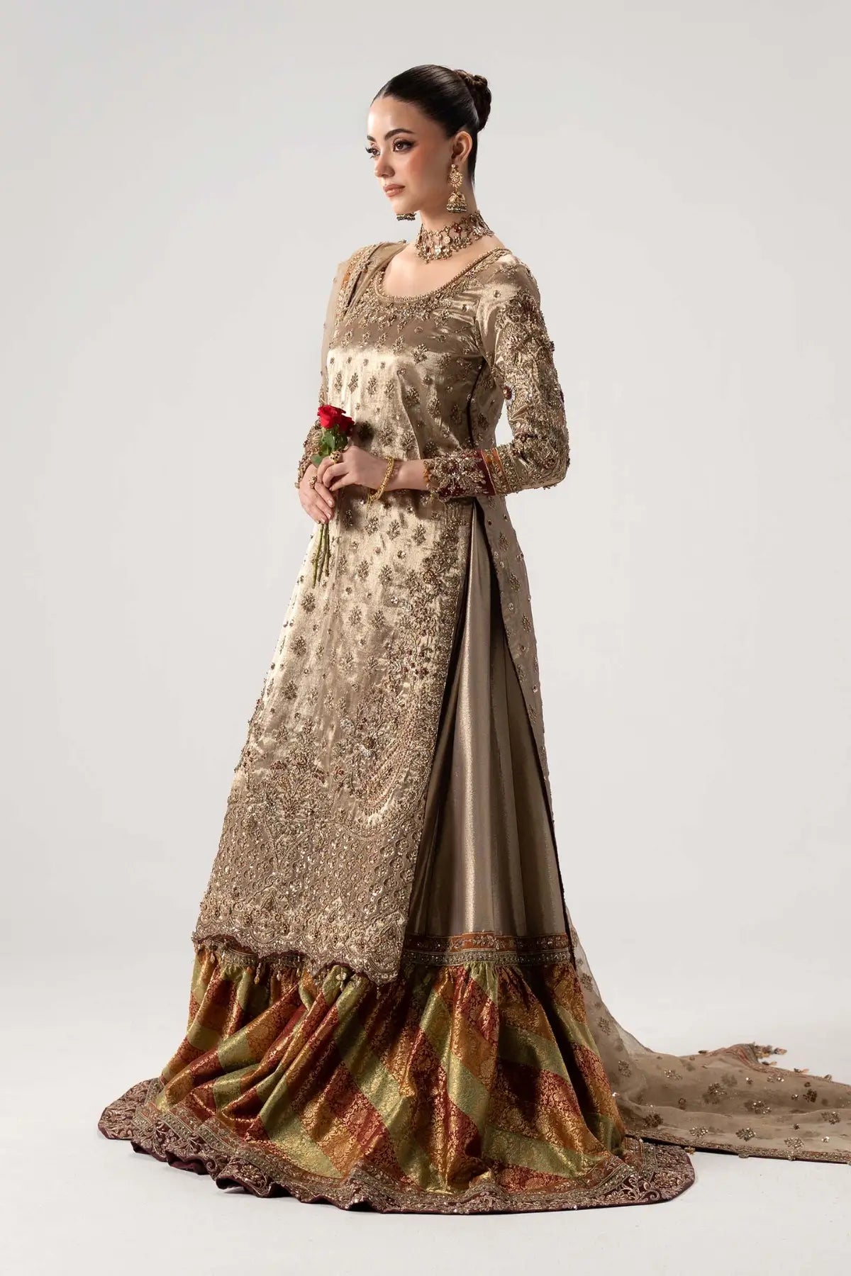 Zuhal gold and multi bridal jamawar gharara set with tissue shirt and zari net dupatta by Maria B couture
