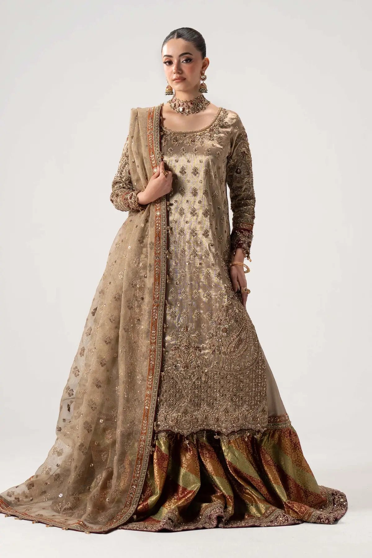 Zuhal gold and multi bridal jamawar gharara set with tissue shirt and zari net dupatta by Maria B couture