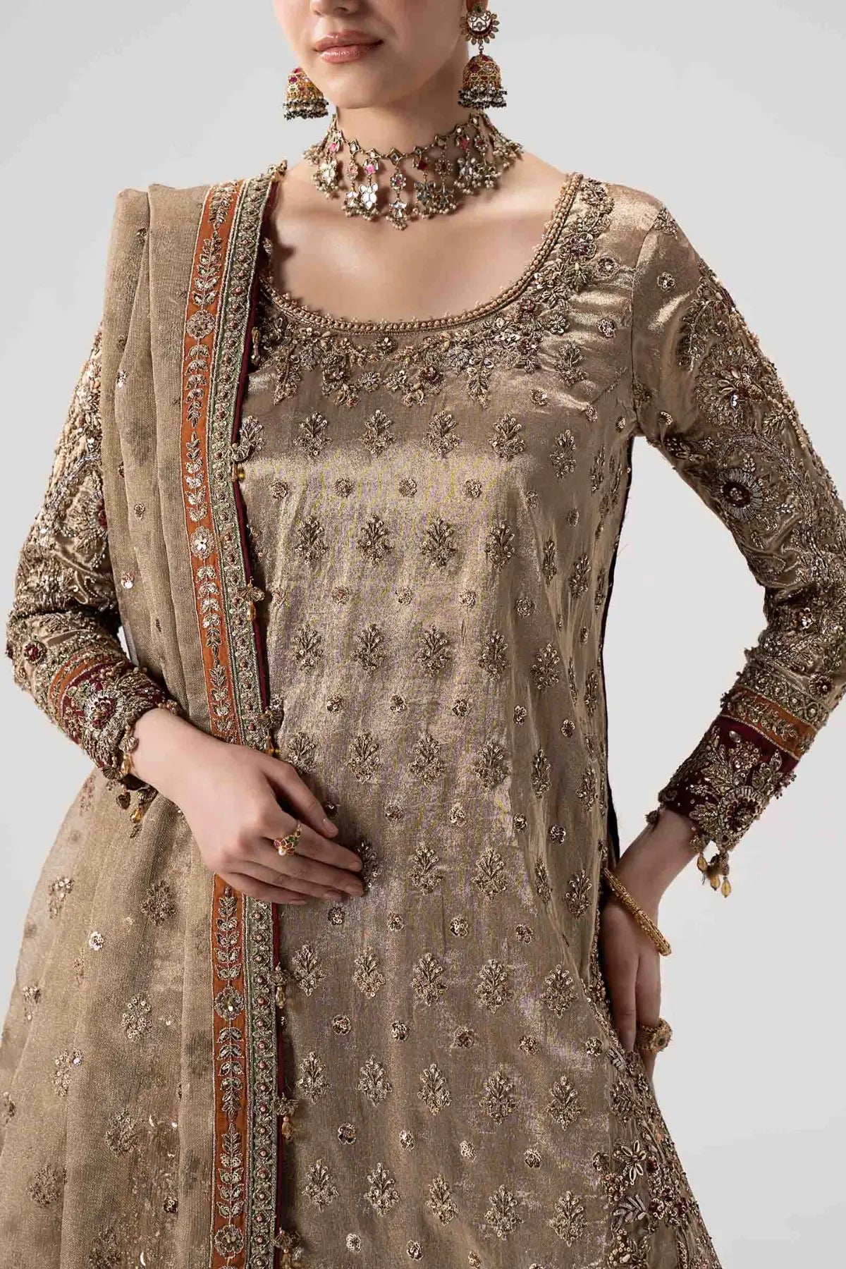 Zuhal gold and multi bridal jamawar gharara set with tissue shirt and zari net dupatta by Maria B couture