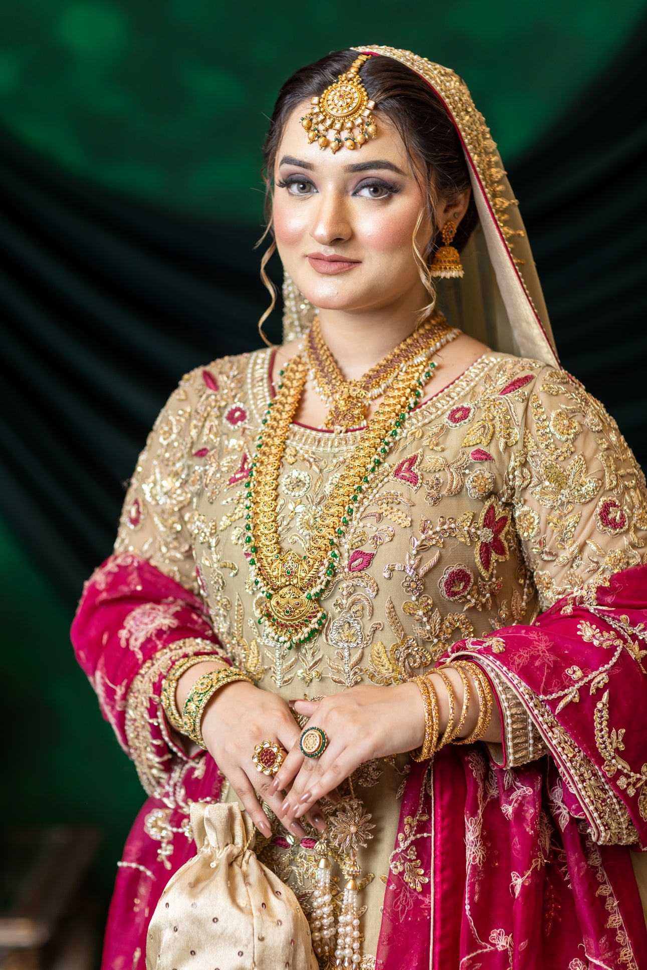 Zuleikha Pakistani bridal wear gold net maxi with red organza dupatta & silk pants – couture outfit by MariamRaj.com.