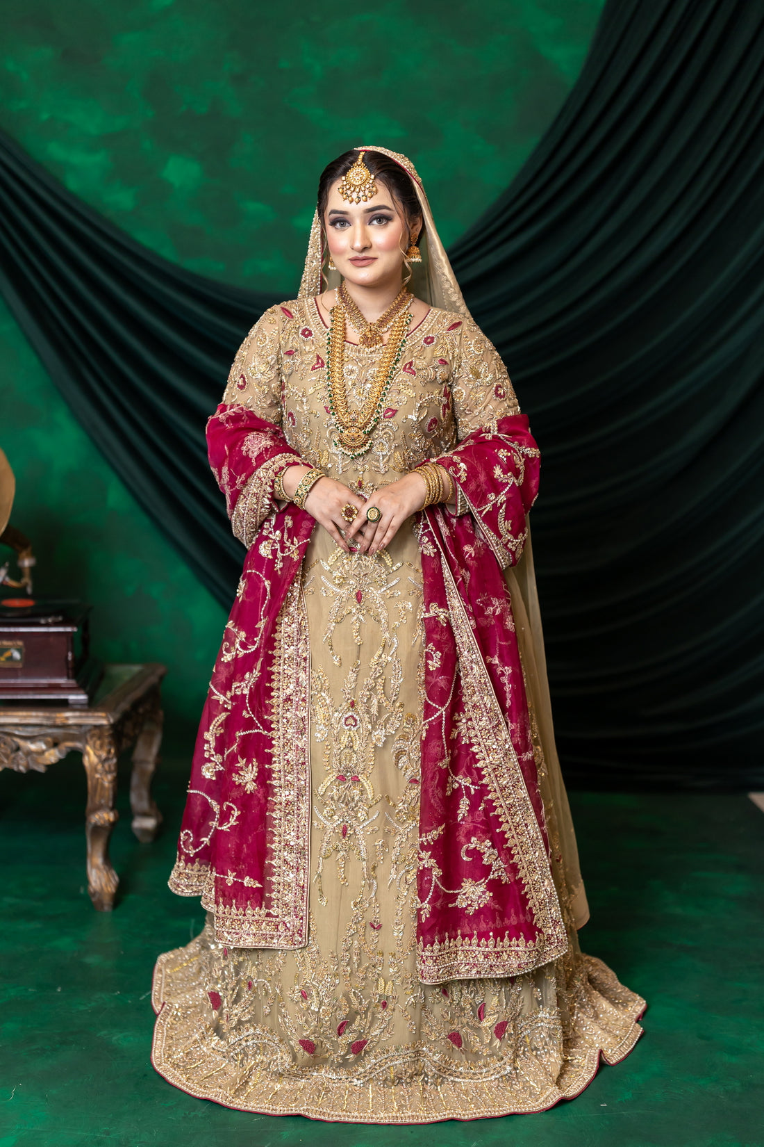 Zuleikha Pakistani bridal wear gold net maxi with red organza dupatta & silk pants – couture outfit by MariamRaj.com.