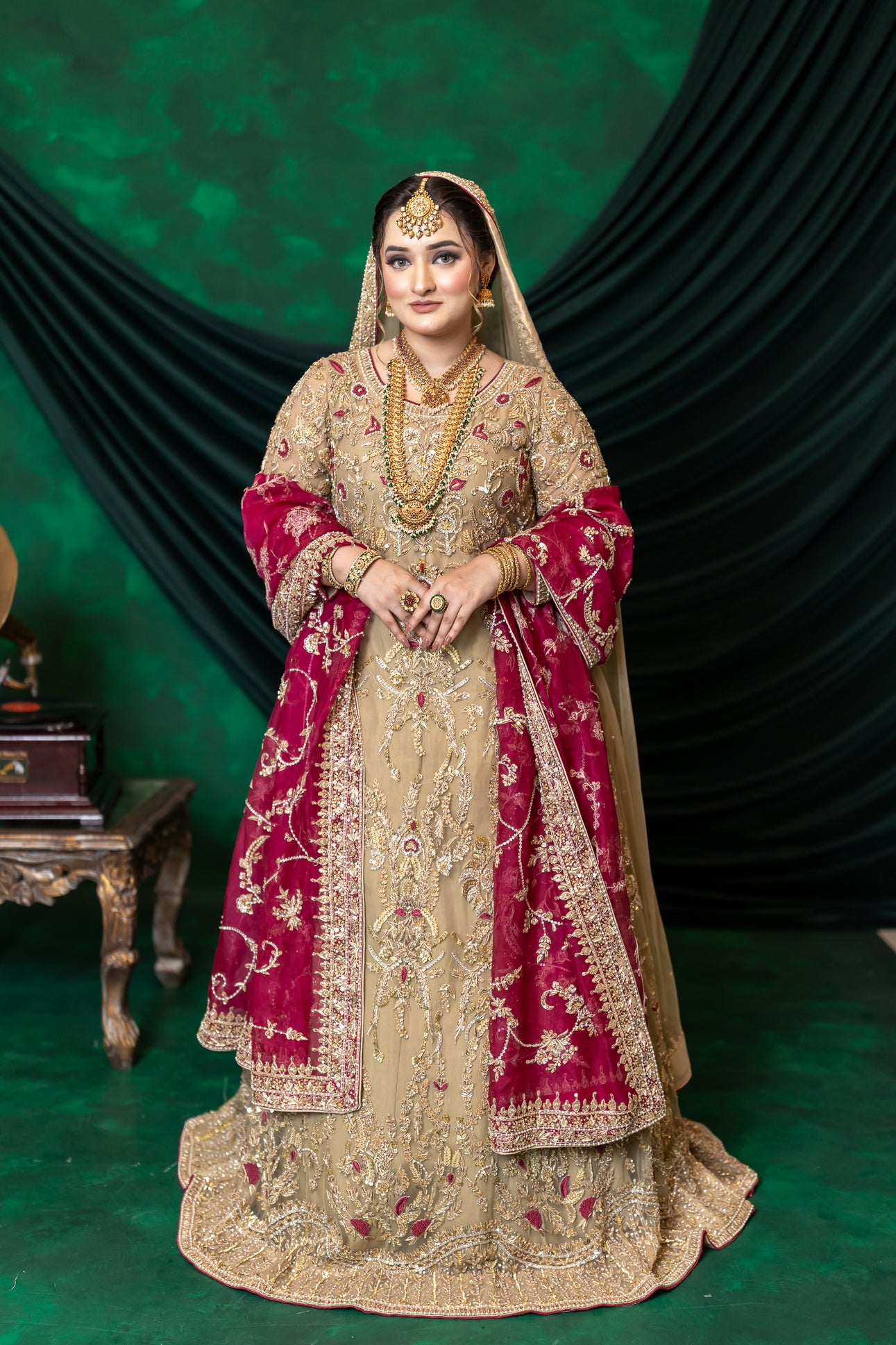 Zuleikha Pakistani bridal wear gold net maxi with red organza dupatta & silk pants – couture outfit by MariamRaj.com.