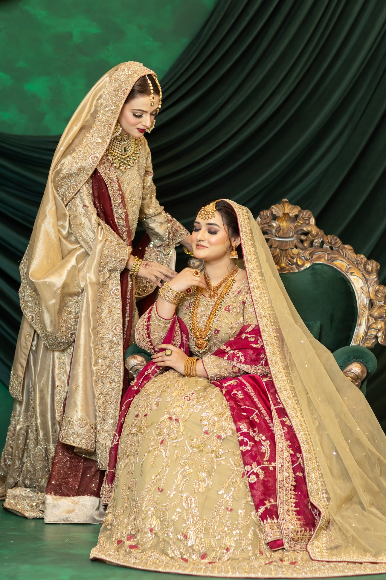 Zuleikha Pakistani bridal wear gold net maxi with red organza dupatta & silk pants – couture outfit by MariamRaj.com.