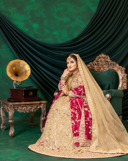 Zuleikha Pakistani bridal wear gold net maxi with red organza dupatta & silk pants – couture outfit by MariamRaj.com.