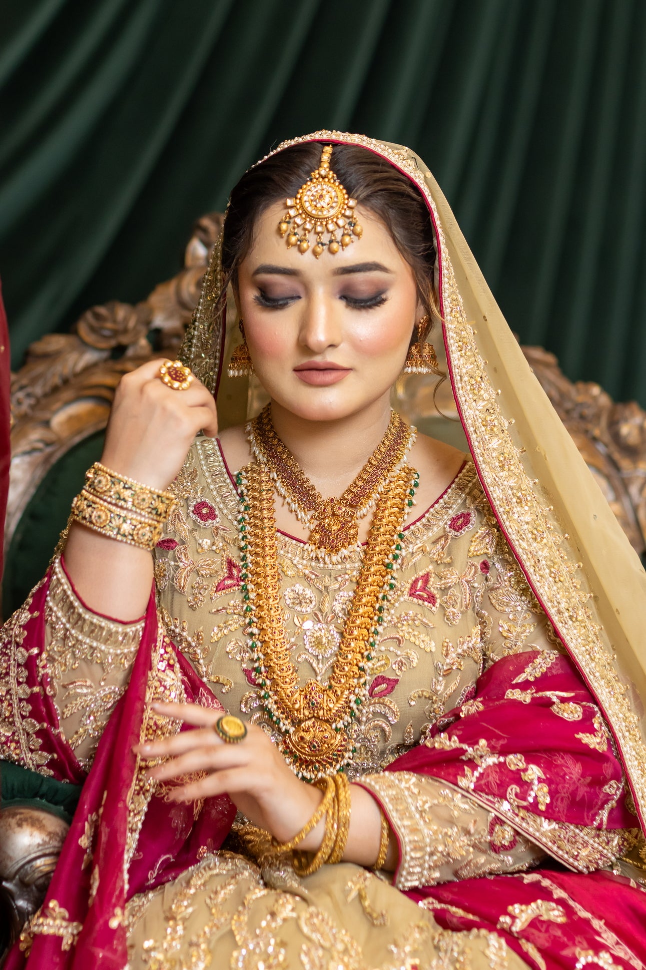 Zuleikha Pakistani bridal wear gold net maxi with red organza dupatta & silk pants – couture outfit by MariamRaj.com.