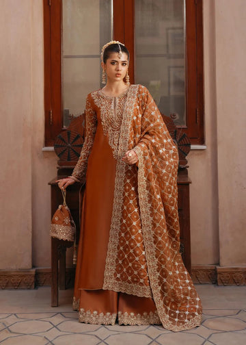 Zulekha golden mocha Korean silk formal wear with embroidered neckline, flared pants, and organza dupatta by Kanwal Malik from the Saheli Luxury Pret Collection.