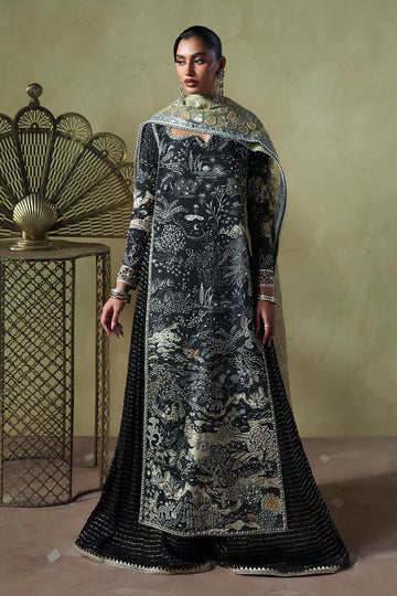 Zyra Soraya Lumene Festive Black Stitched Walima Party Wear with embellished shirt and crushed trouser, available at Pakistanimoda.