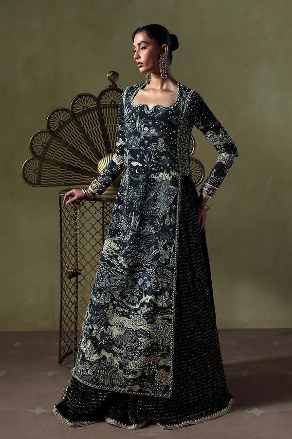 Zyra Soraya Lumene Festive Black Stitched Walima Party Wear with embellished shirt and crushed trouser, available at Pakistanimoda.